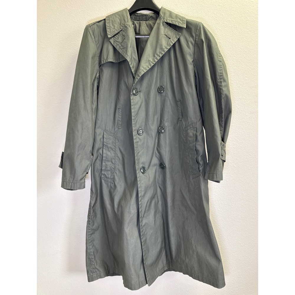 Vintage Military Trench Coat Mens 36S Olive Green Double Breasted Overcoat 43in